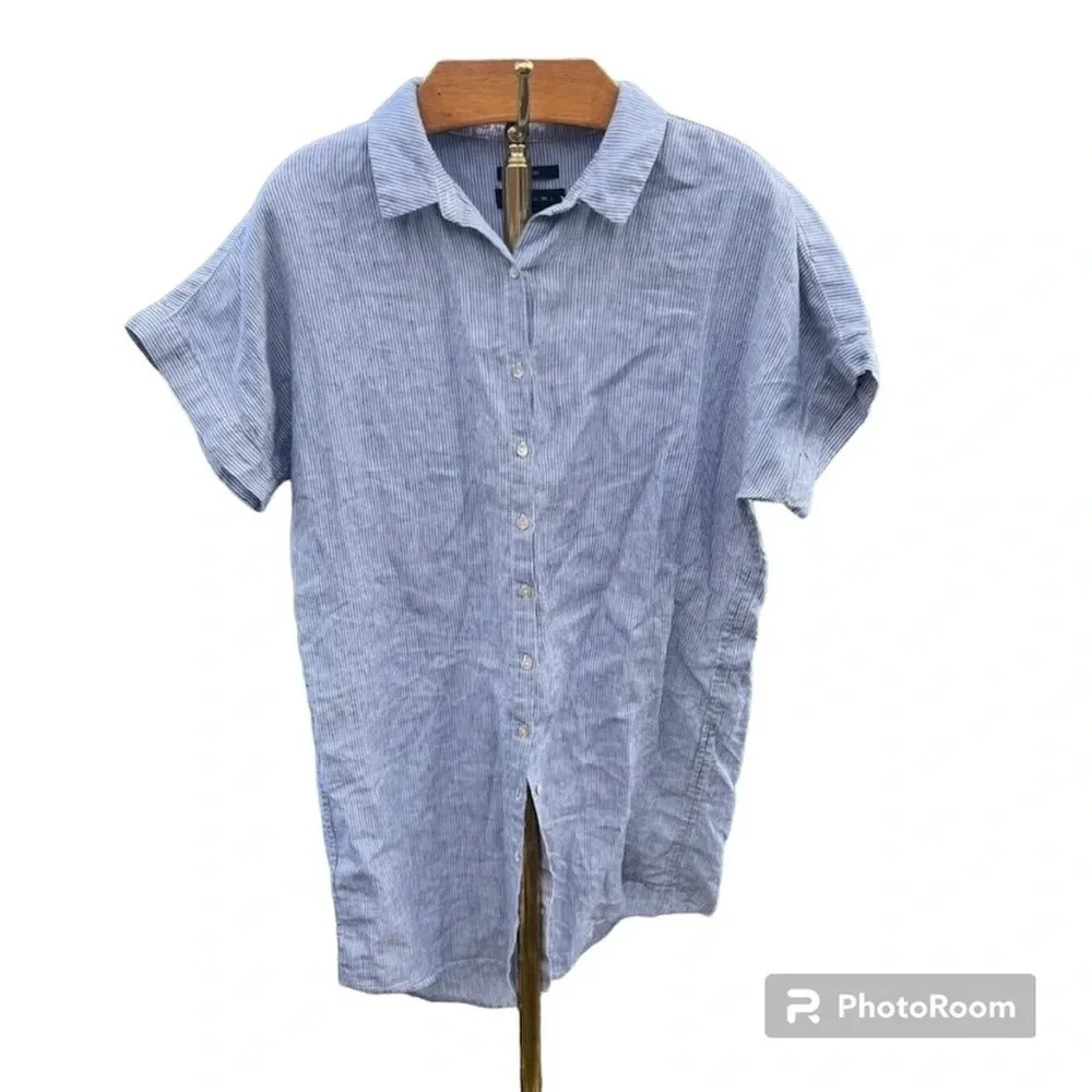 TAHARI ~ Striped Chambray 100% Linen Tunic Shirt Dress Mother of Pearl Buttons